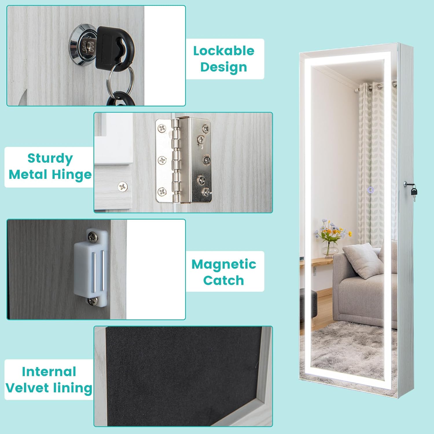 Full-Length Lighted Mirror Jewelry Cabinet with Drawers
